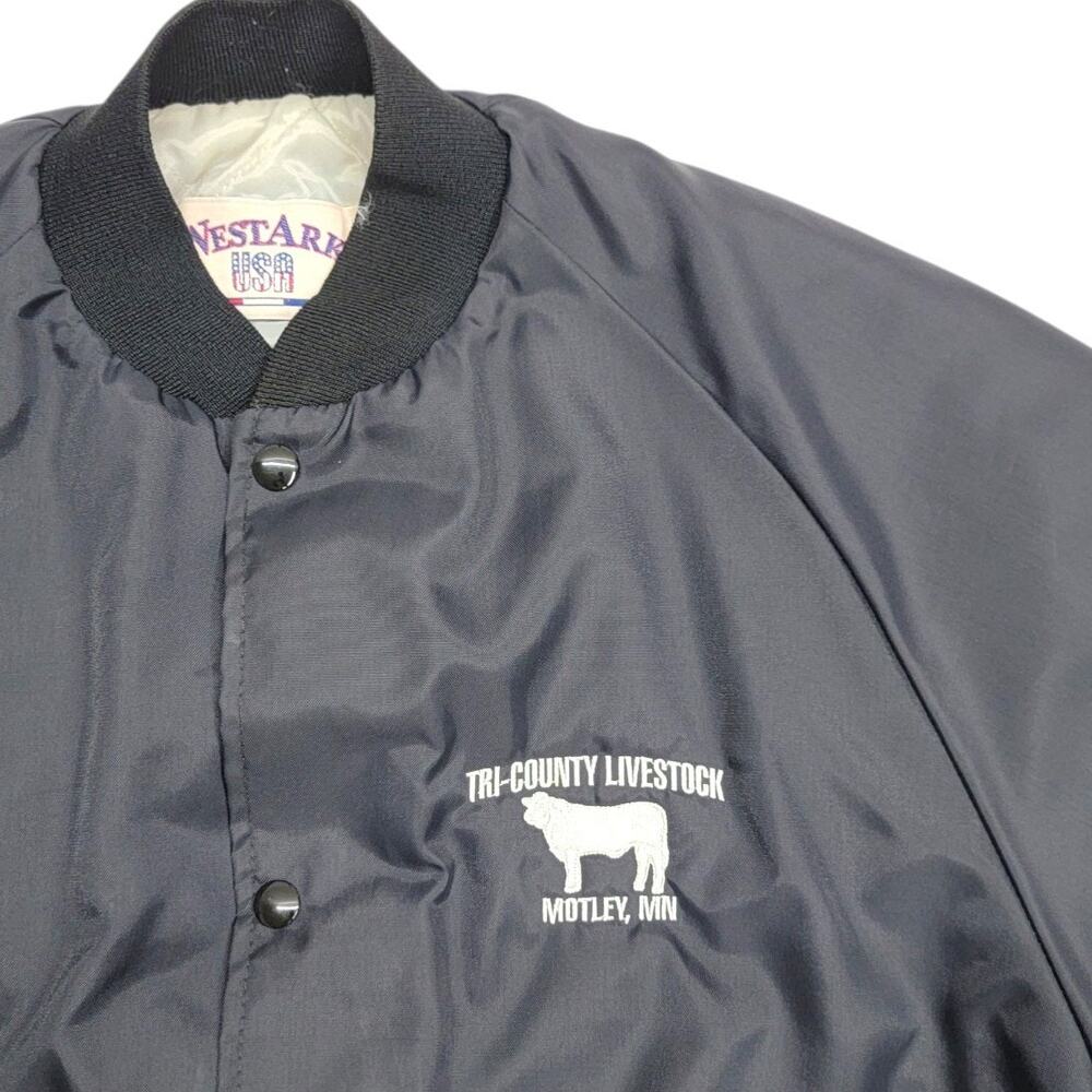 Vintage Westark USA Satin Bomber Jacket Mens XL Black Tri-County Livestock MN